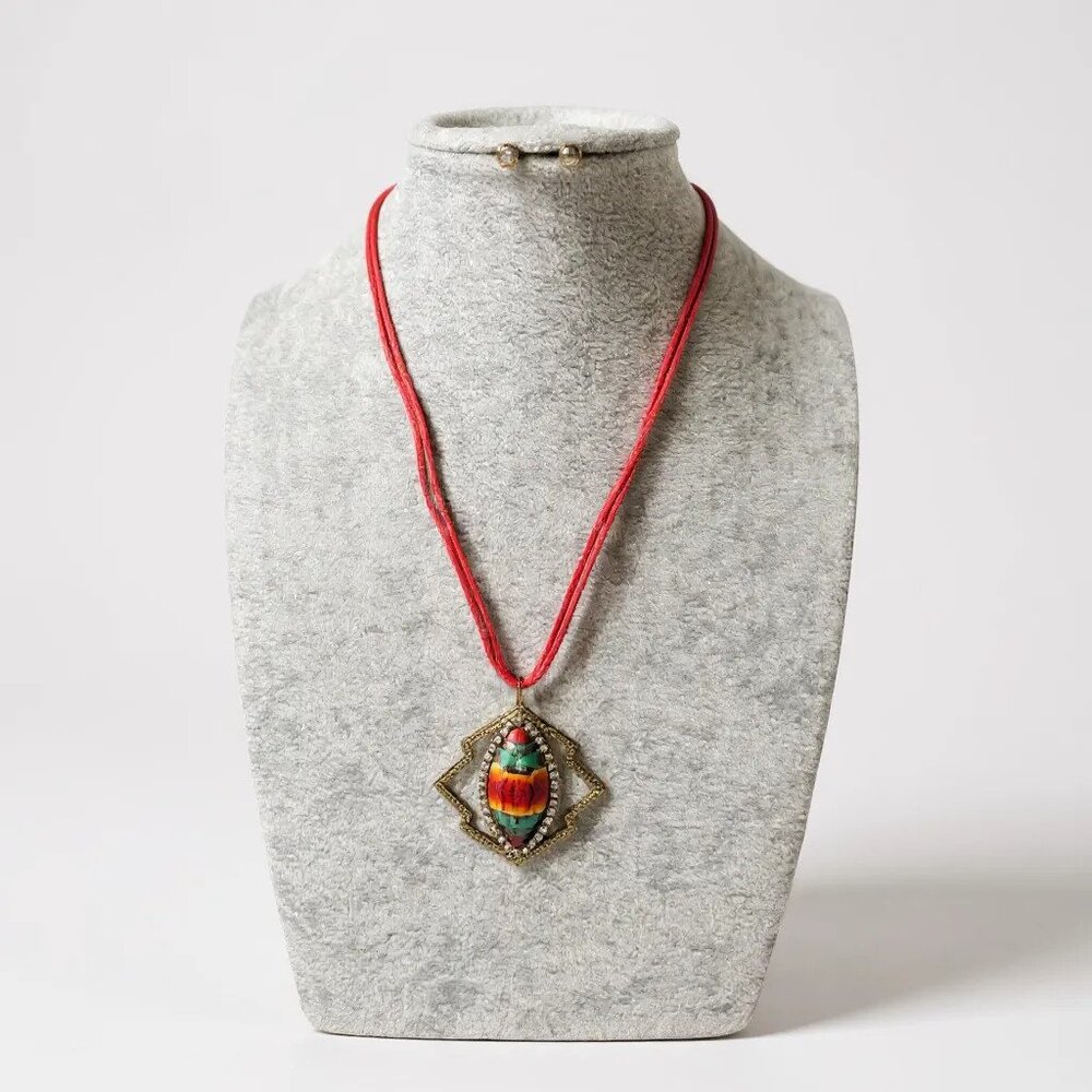 Multi color Lucite Stud clear Crystal On gold tone Pendant Red Cord Necklace Set